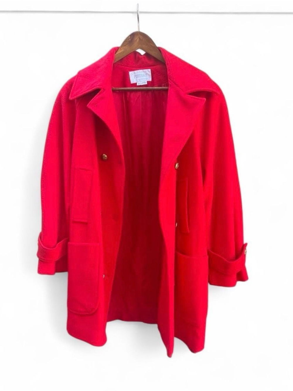 Vintage red wool midi coat Sz 8 satin lined 4 pockets gold buttons fall classic